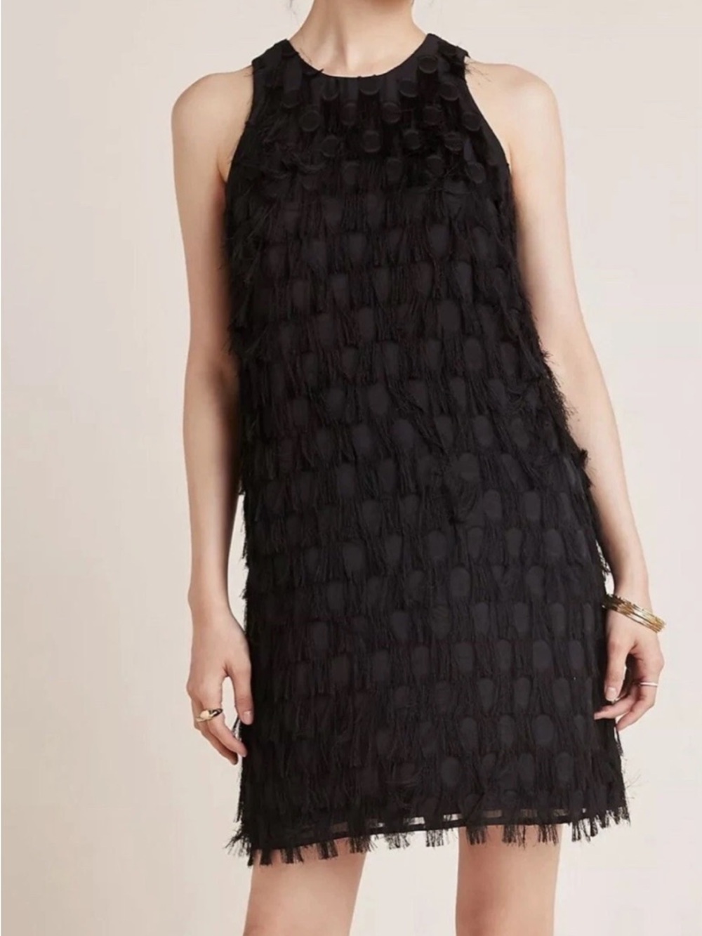 Anthropologie Roxie Textured Feathered Fringe Dot Shift Mini Dress Black Size 8
